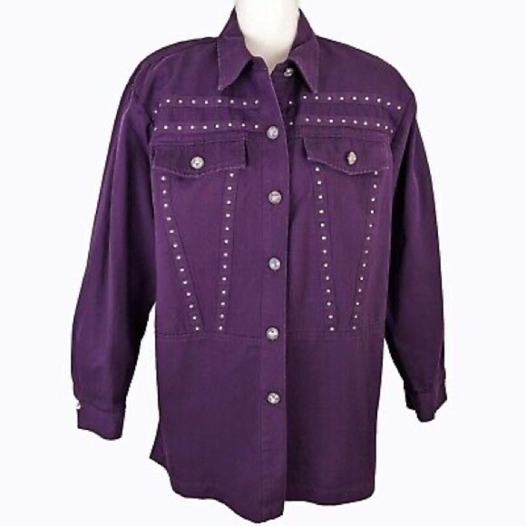 SAINT GERMAIN Paris Vintage Purple Denim Rhinestone Jacket Women's Size L - Picture 2 of 10